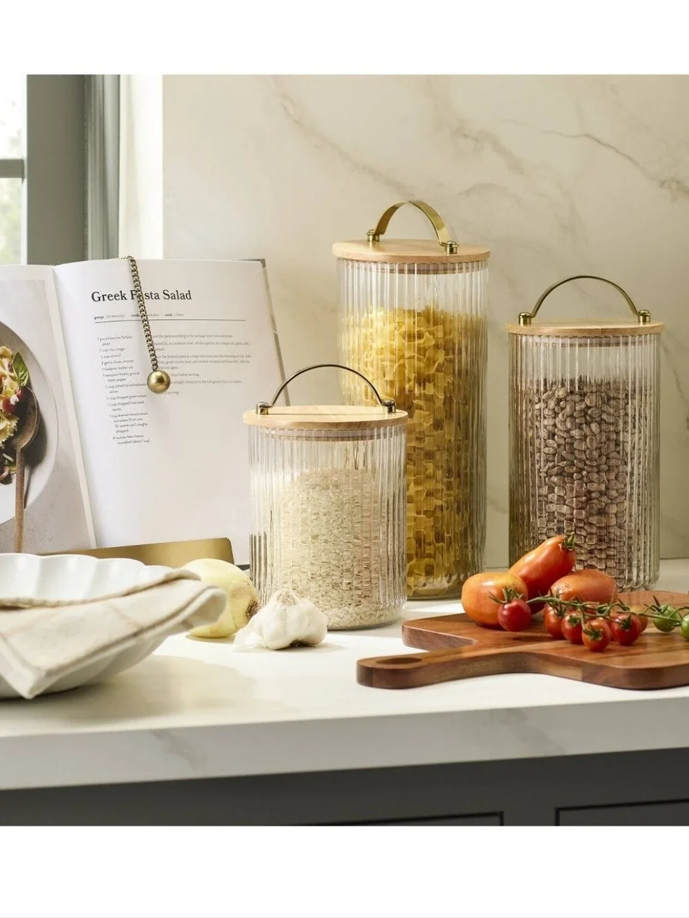 Set Of 3 Fluted Glass Storage Canisters With Wooden Lids Hearth & Hand